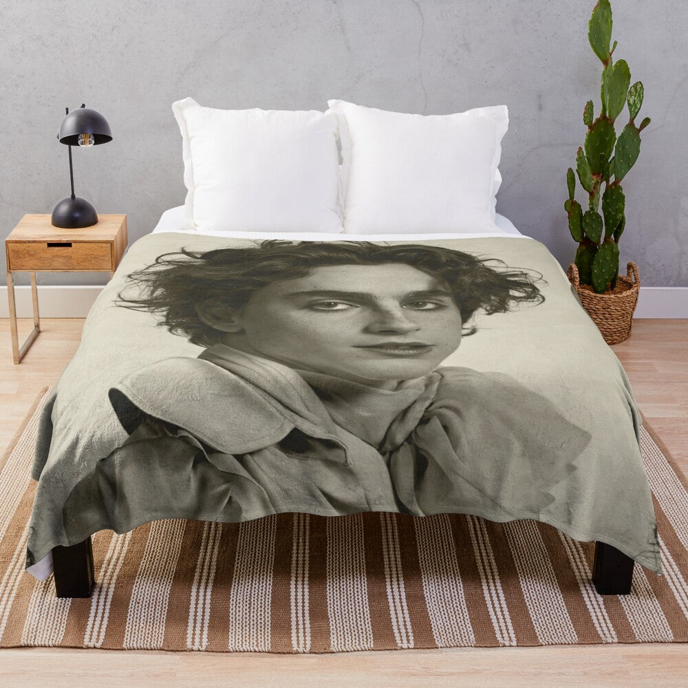 Timothée Chalamet inspired plush blanket with 90s retro and indie aesthetic design