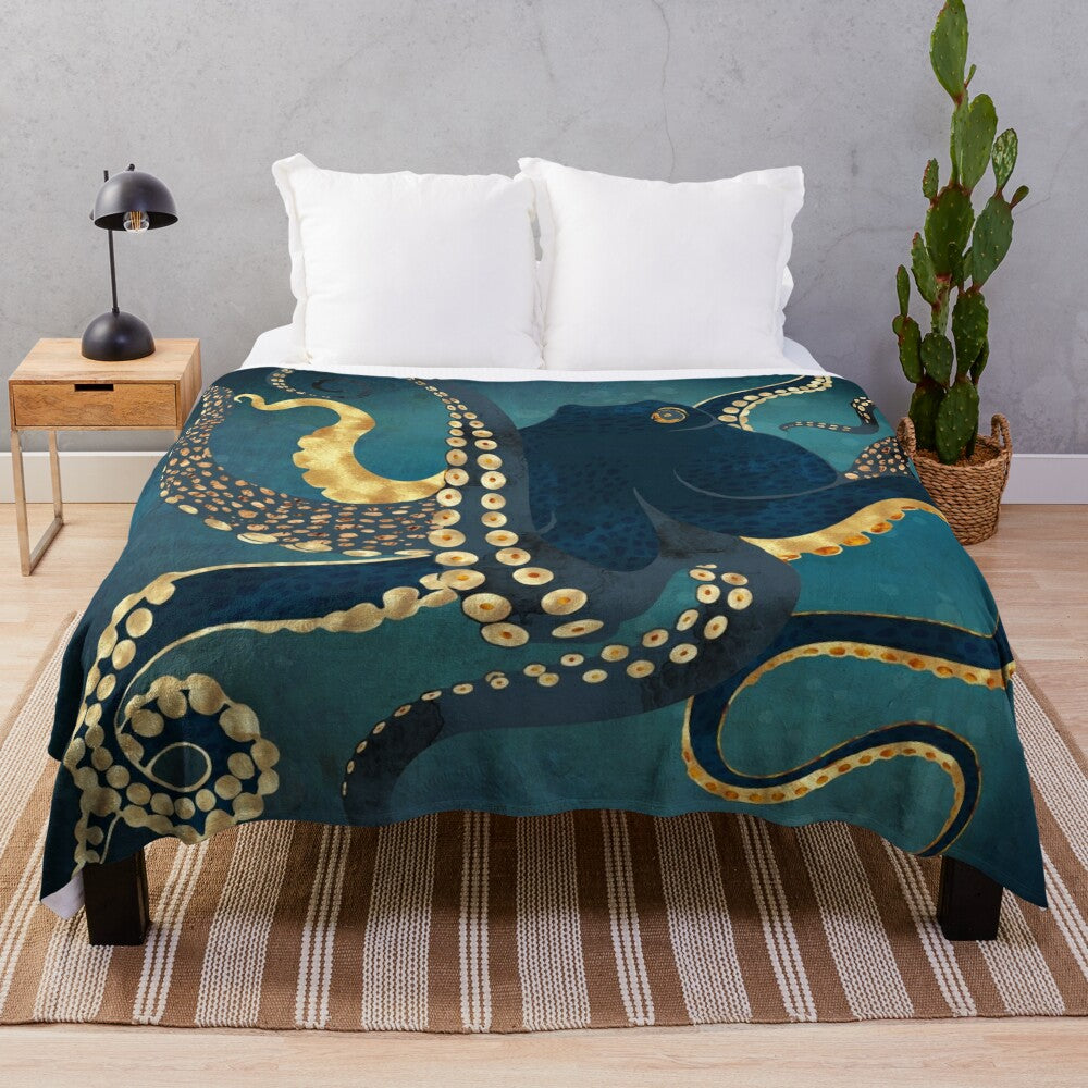 Metallic octopus plush blanket featuring a contemporary and abstract underwater design