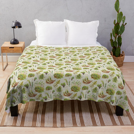 Mosses botanical plush blanket with a neutral, nature-inspired watercolor pattern