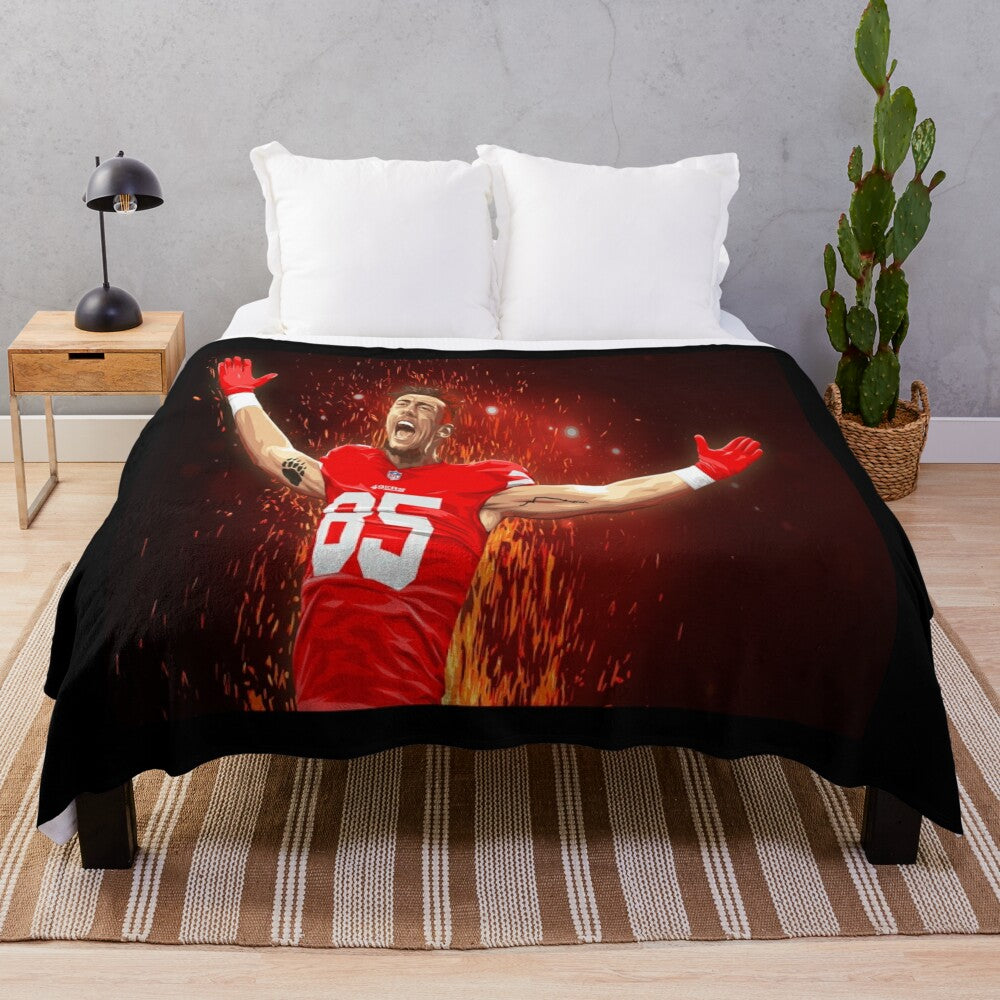 Soft and plush blanket featuring the 49ers team colors and George Kittle's jersey number