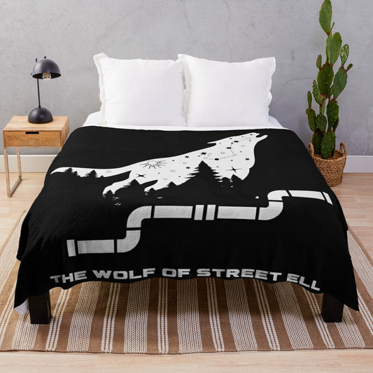 Whimsical plush blanket featuring a wolf in a plumber's outfit