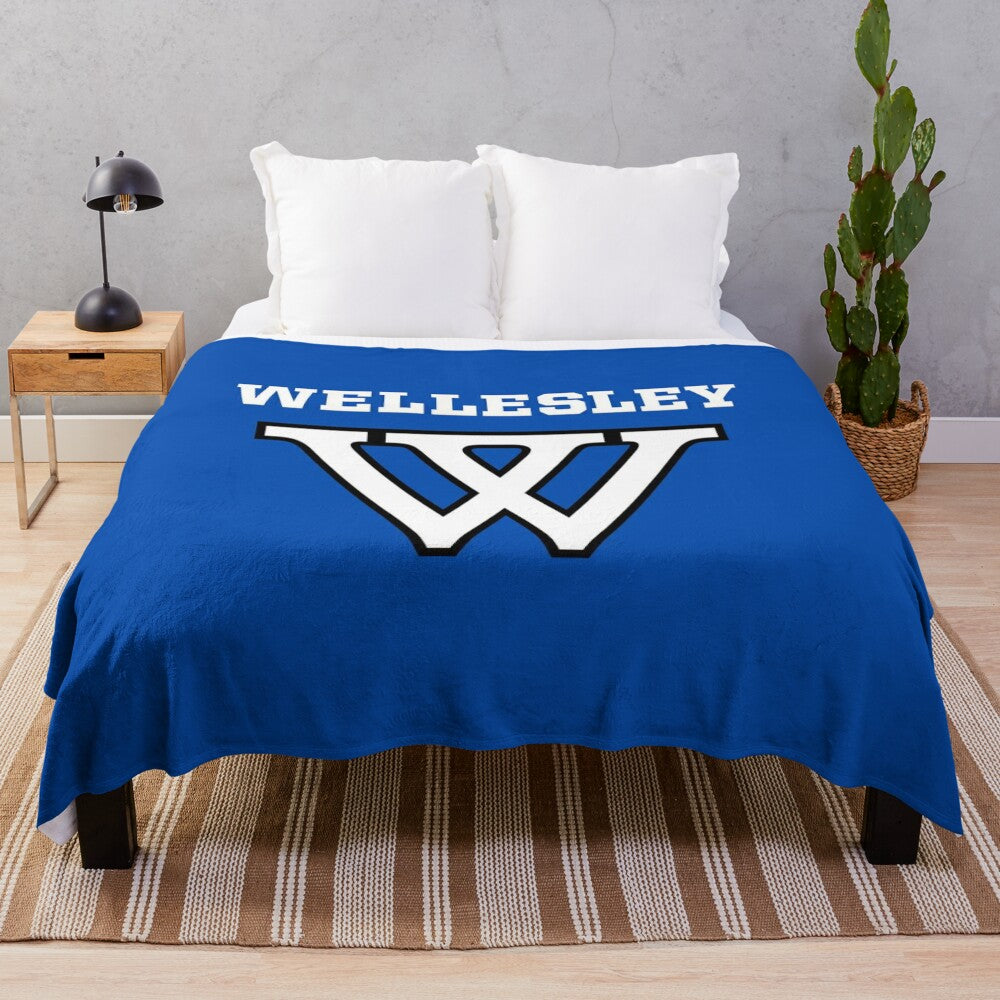 Wellesley Blue Plush Blanket with Athletic Logo Design