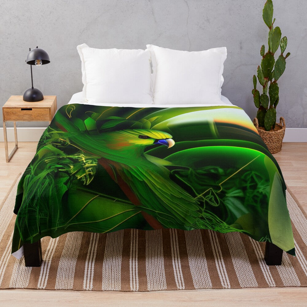 Colorful parrot plush blanket with tropical foliage design