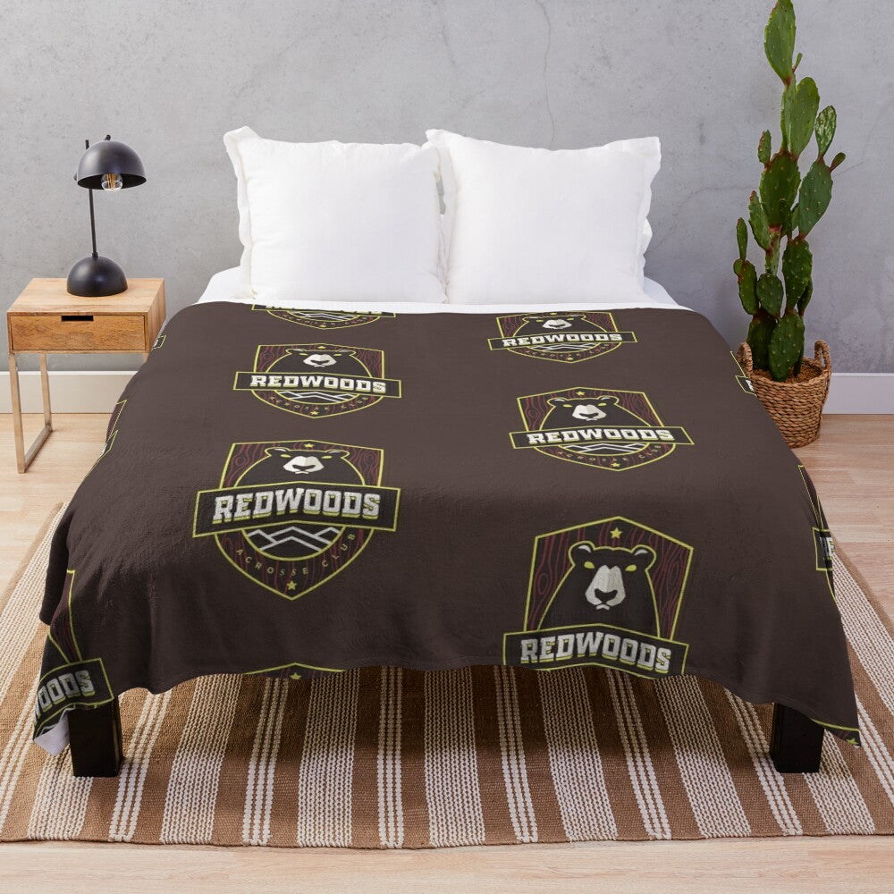 Vintage-style lacrosse plush blanket with team, sports, and cartoon design