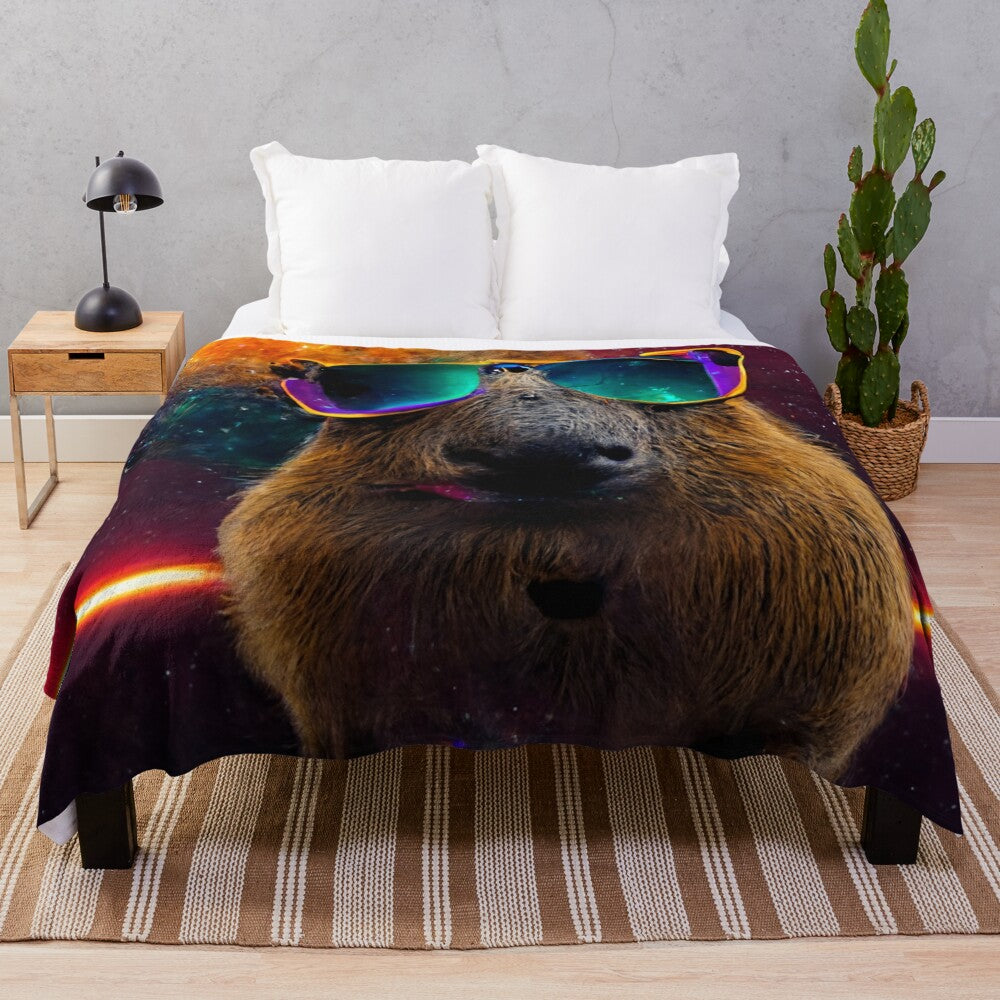 Capybara plush blanket with sunglasses, meme-inspired design