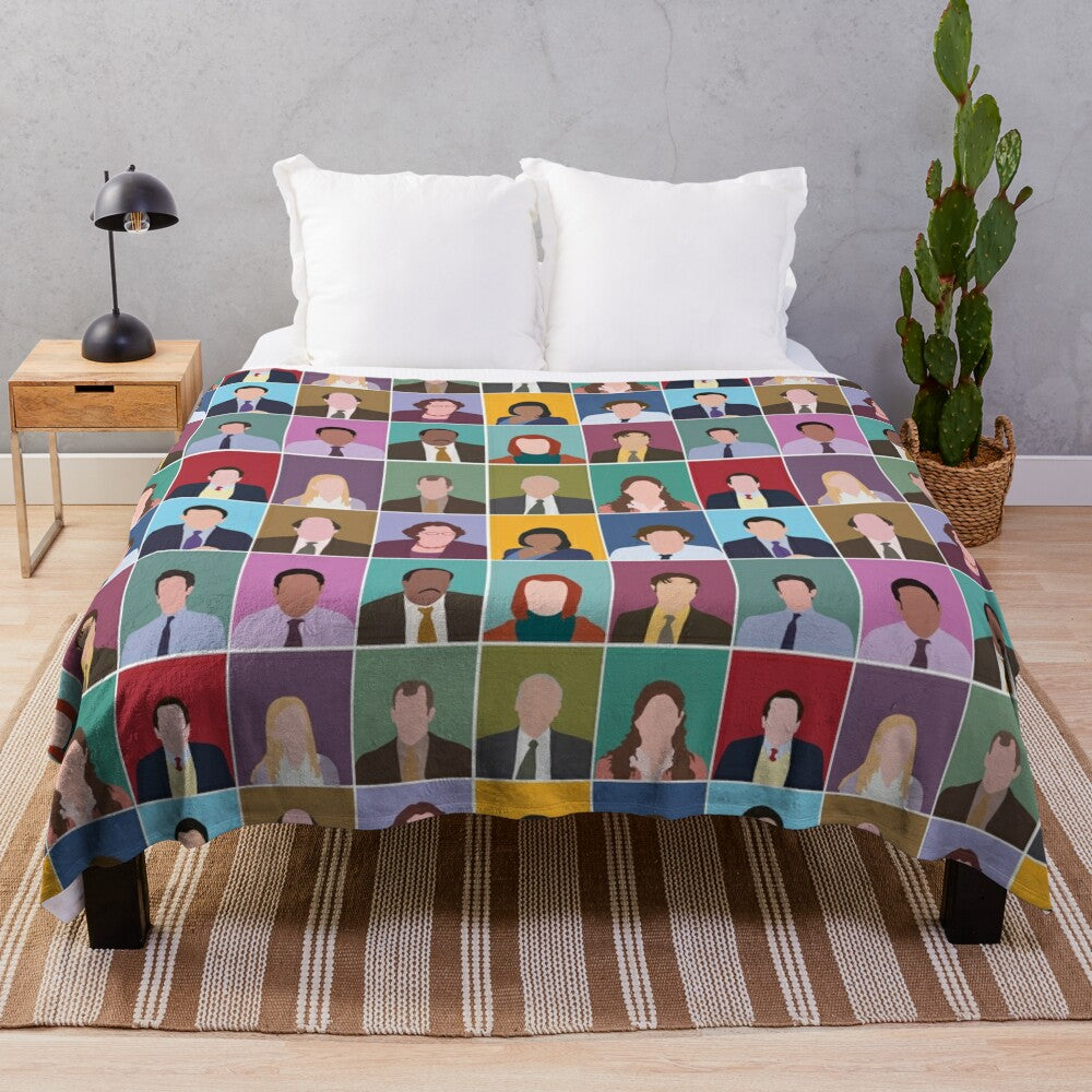 Colorful plush blanket featuring minimalist art inspired by the popular TV show The Office