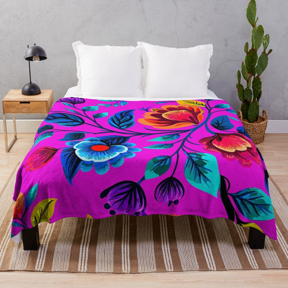 Floral pattern plush blanket featuring vibrant butterflies and nature imagery