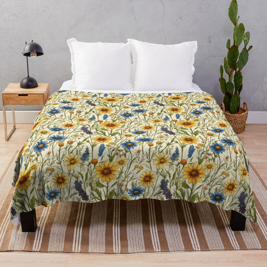 Colorful floral pattern plush blanket with meadow flowers