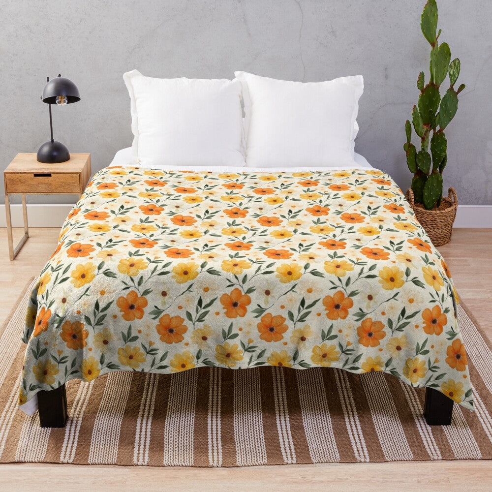 Orange flower pattern plush blanket