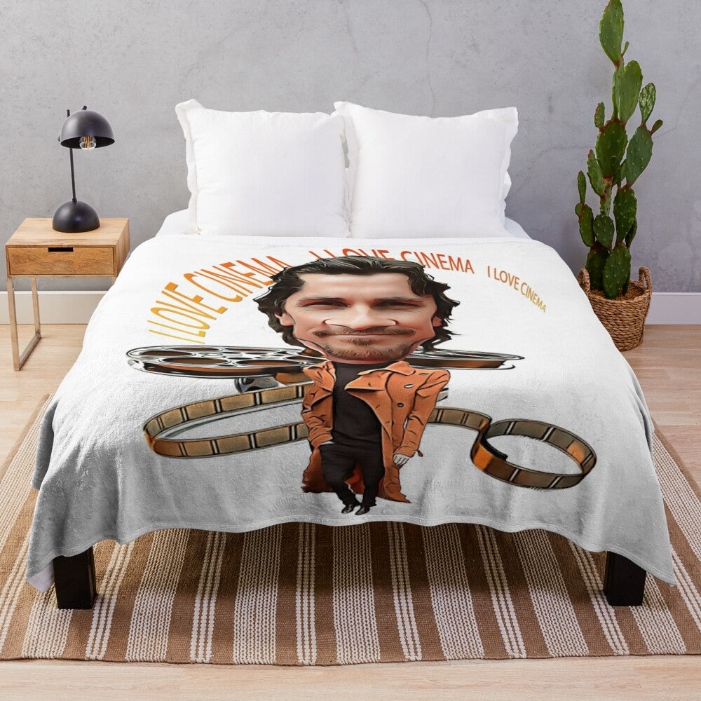 Plush blanket featuring a caricature of actor Christian Bale in a movie-inspired design