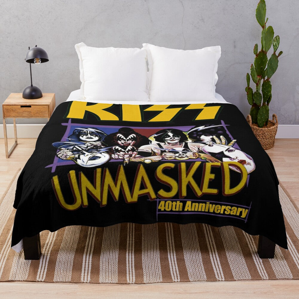 Unmasked Kiss band fan art design on a plush blanket