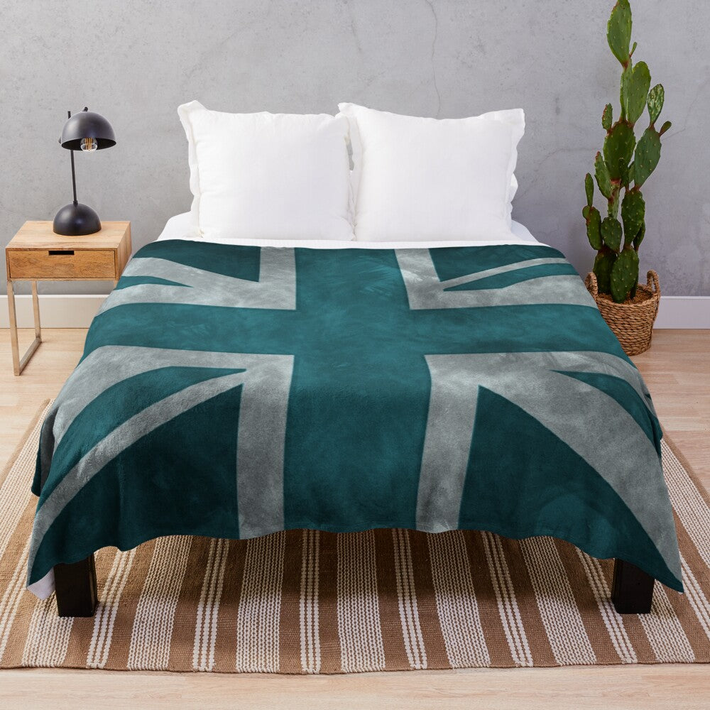 Teal plush blanket with distressed union jack design