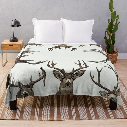 Rustic plush blanket with deer antlers and wildlife in a farmhouse collage design