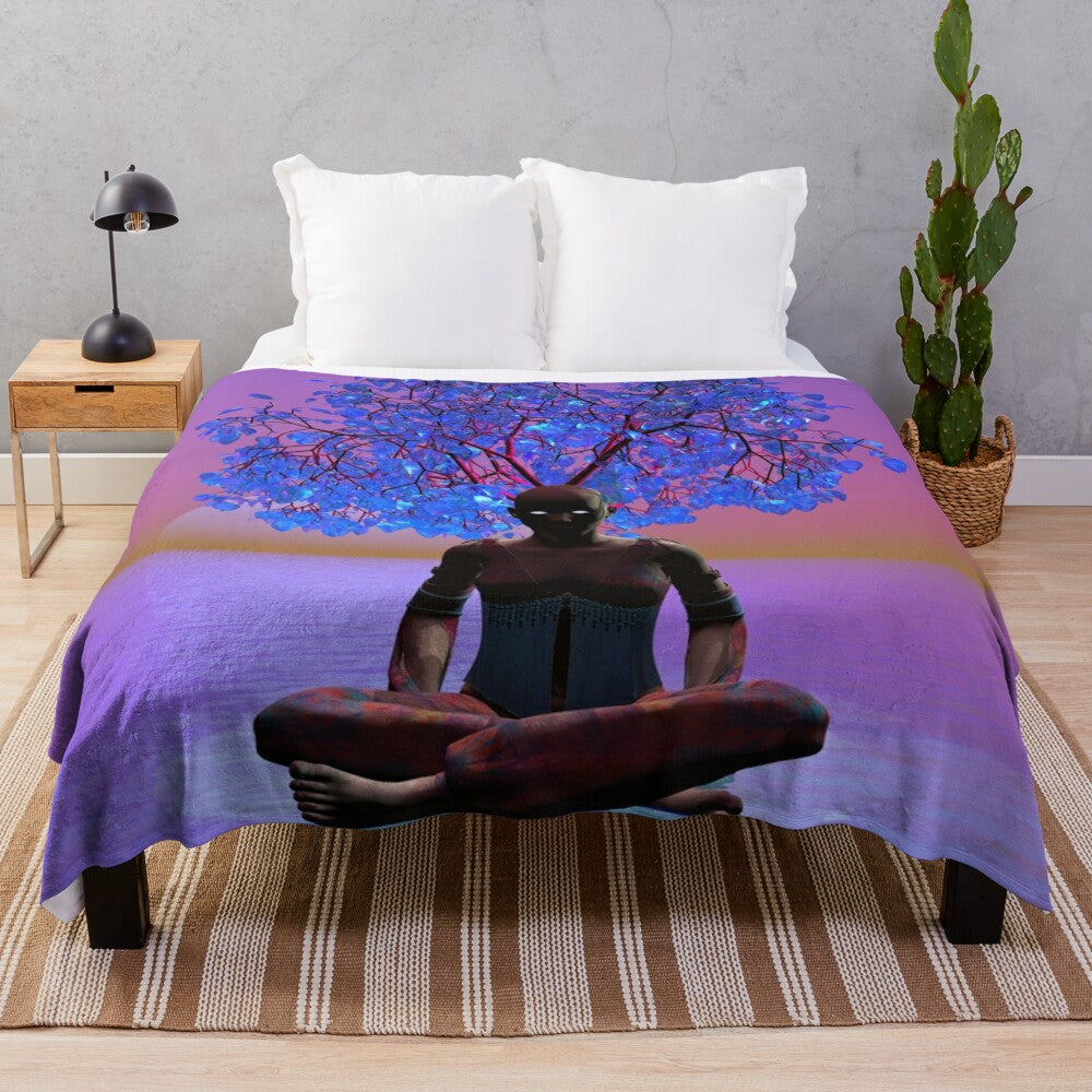 Meditation tree plush blanket with abstract floral patterns