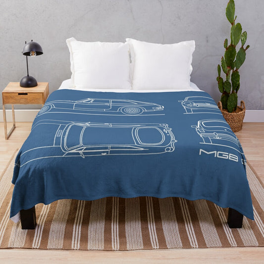 Plush blanket featuring a detailed blueprint design of the MGB GT sports car