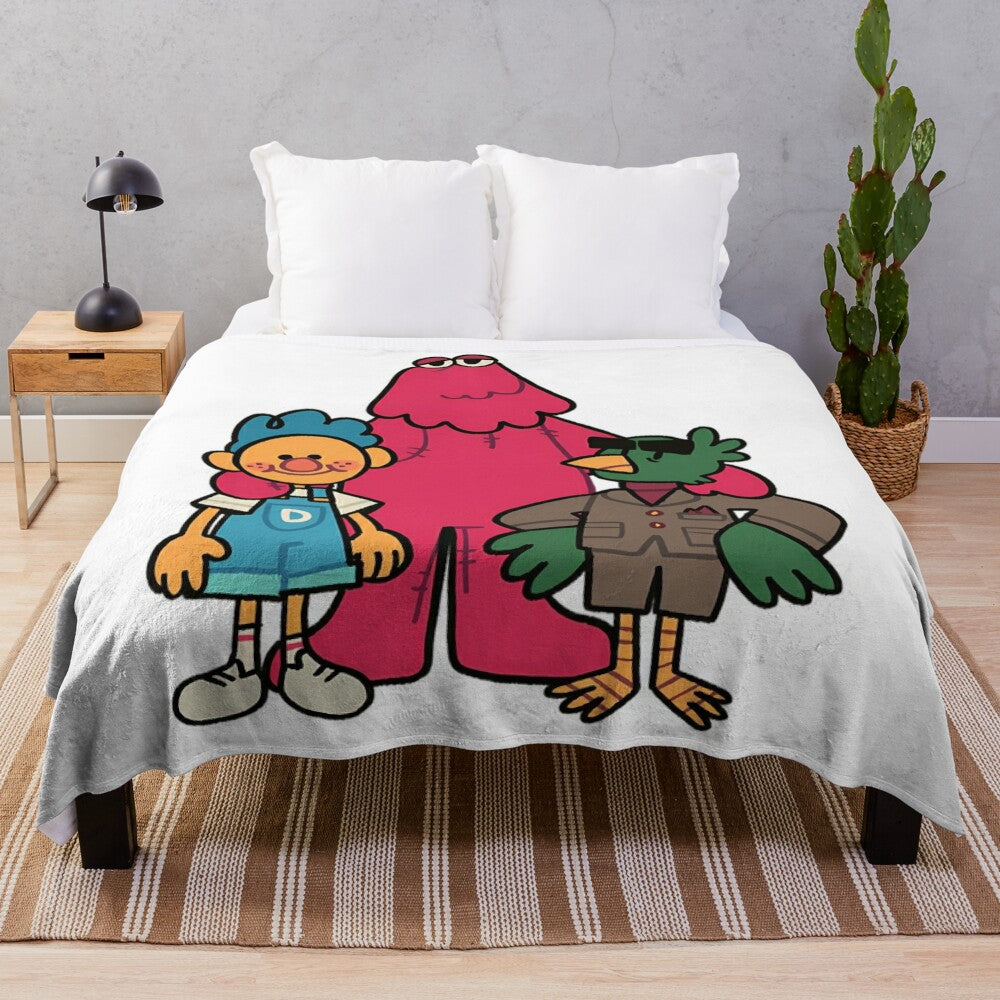 Plush blanket featuring three friends in a surreal art style