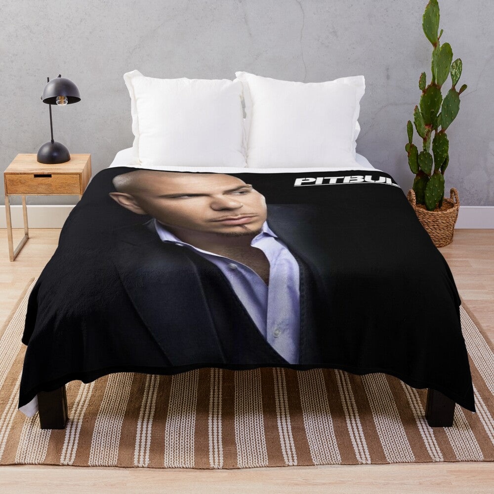 Pitbull-themed plush blanket with retro and spooky design