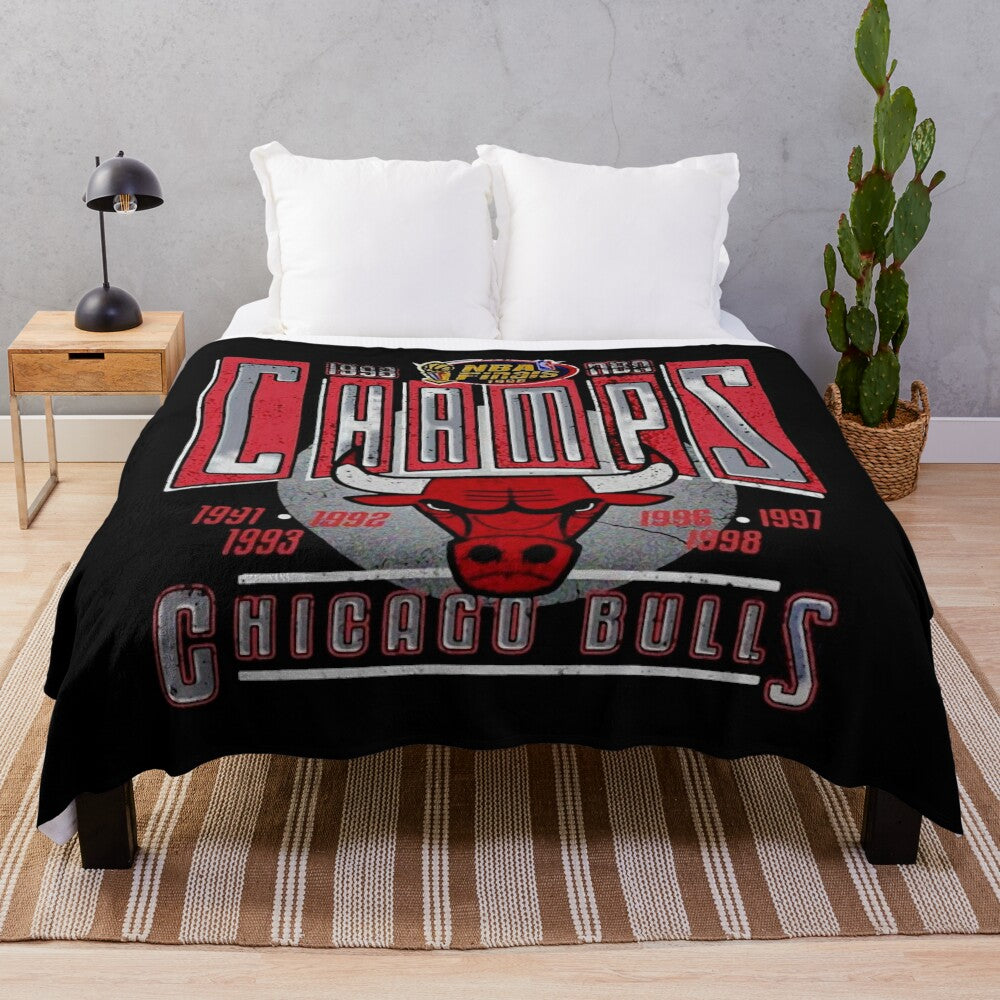 Vintage inspired Chicago basketball plush blanket with players and championship imagery