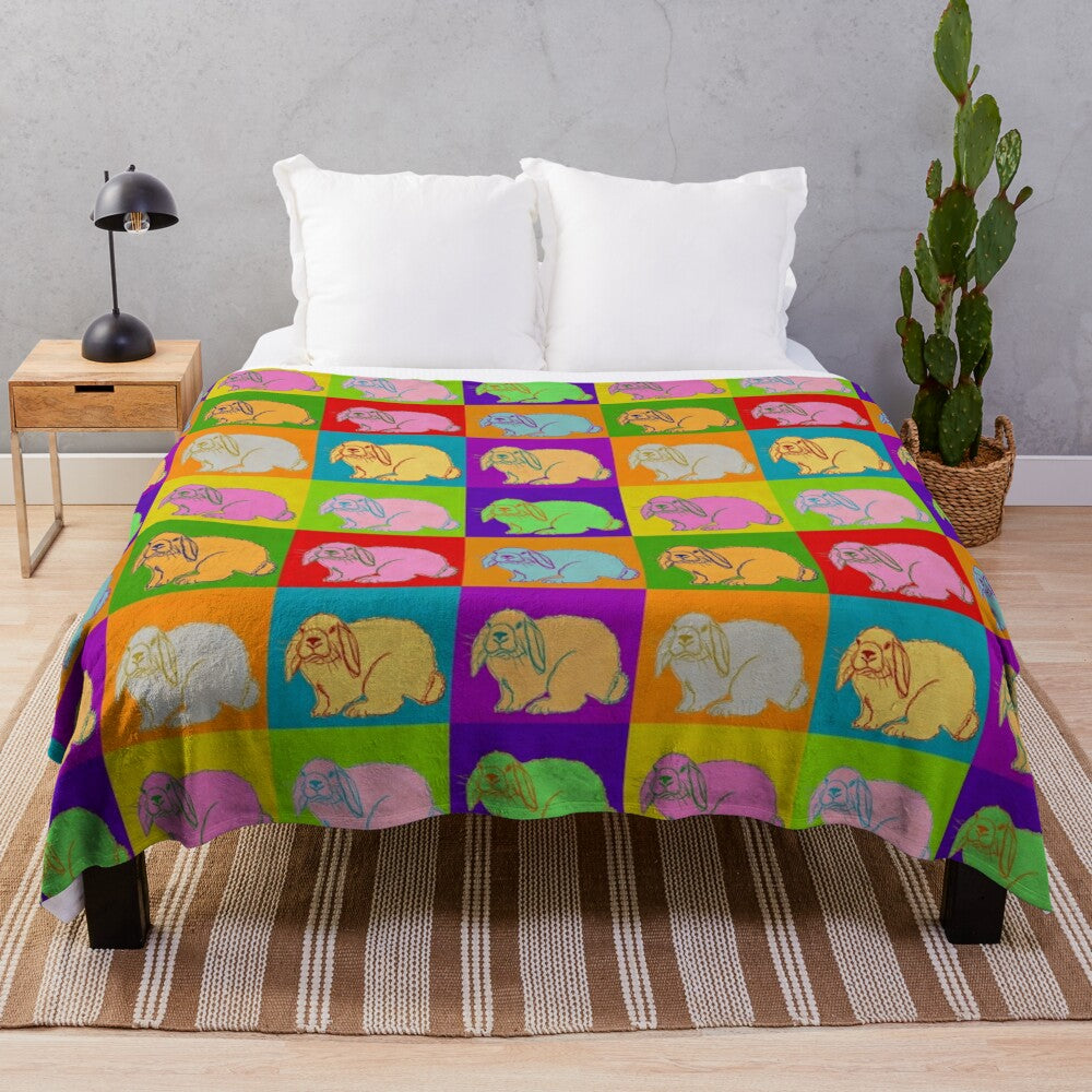 Colorful lop rabbit popart design on plush blanket