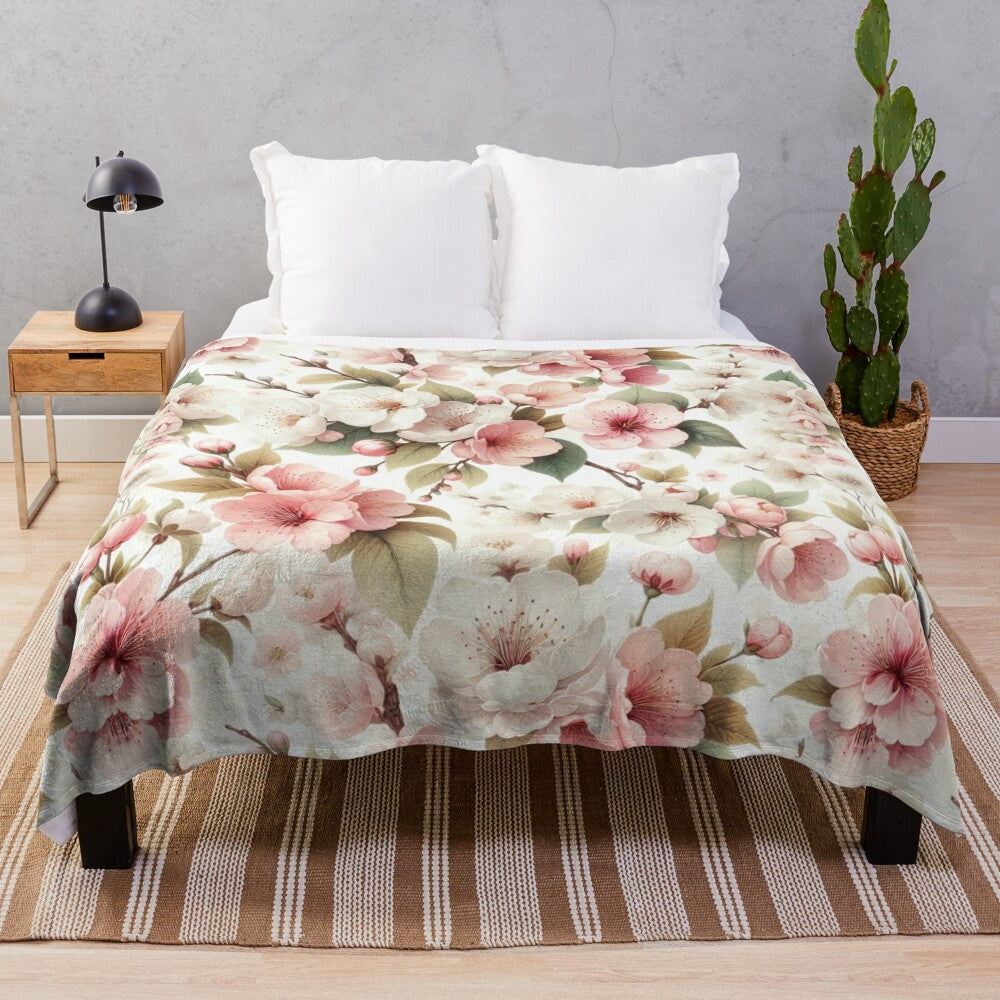 Cherry Blossom Patterned Plush Blanket