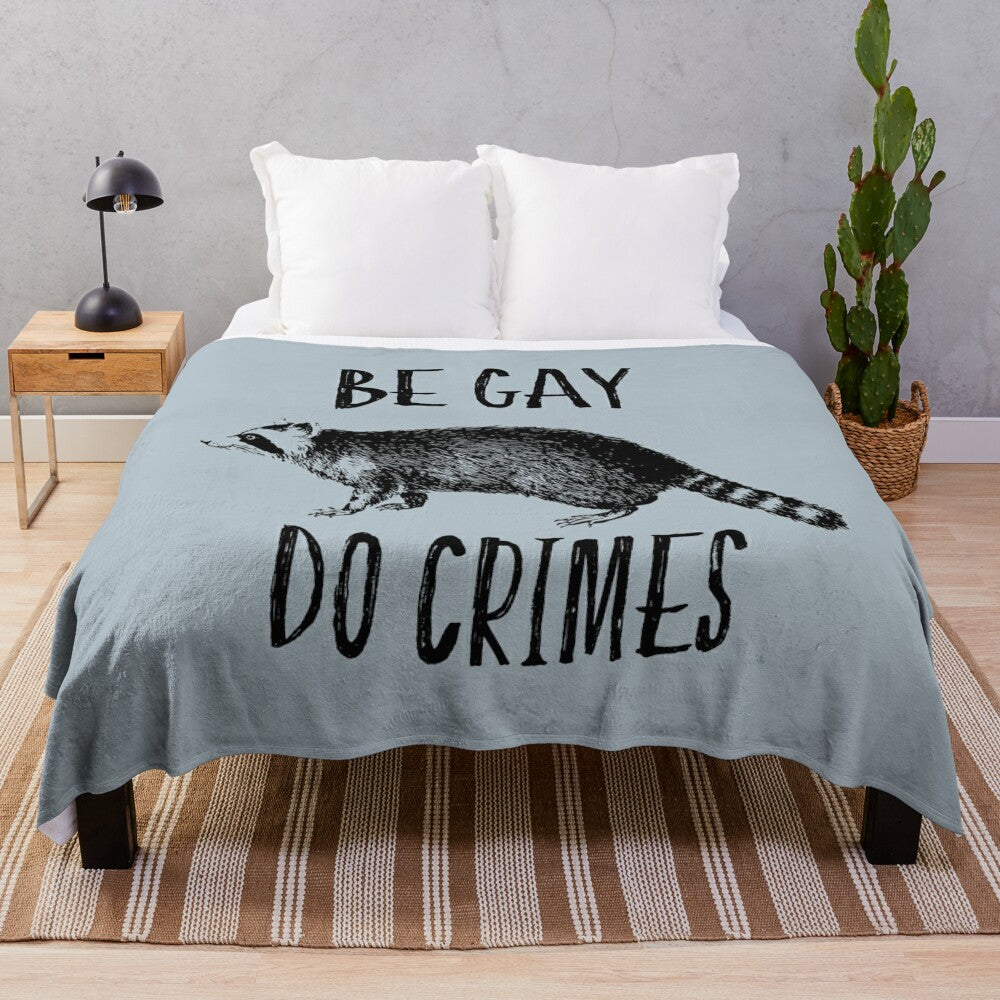 Plush blanket with retro "Be Gay, Do Crimes" LGBTQ pride design