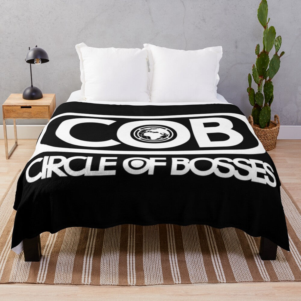 Circle of Bosses inspired plush blanket with a boss-themed design