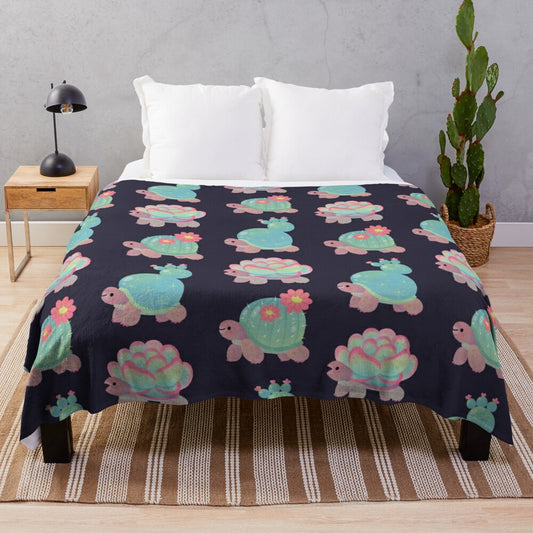 Plush cactus tortoise blanket with a cute, smiling design