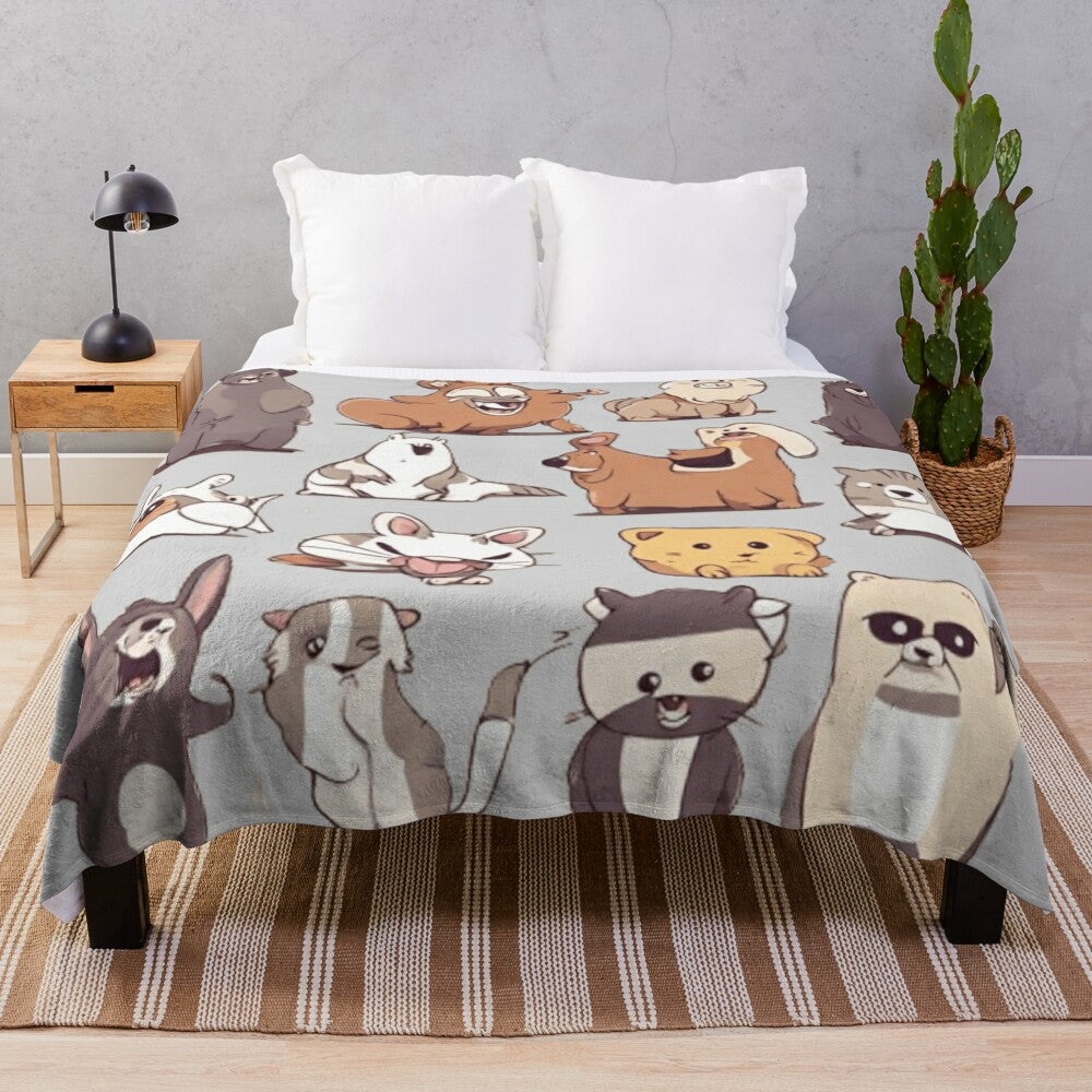 Colorful animal plush blanket with cute, whimsical forest creature designs