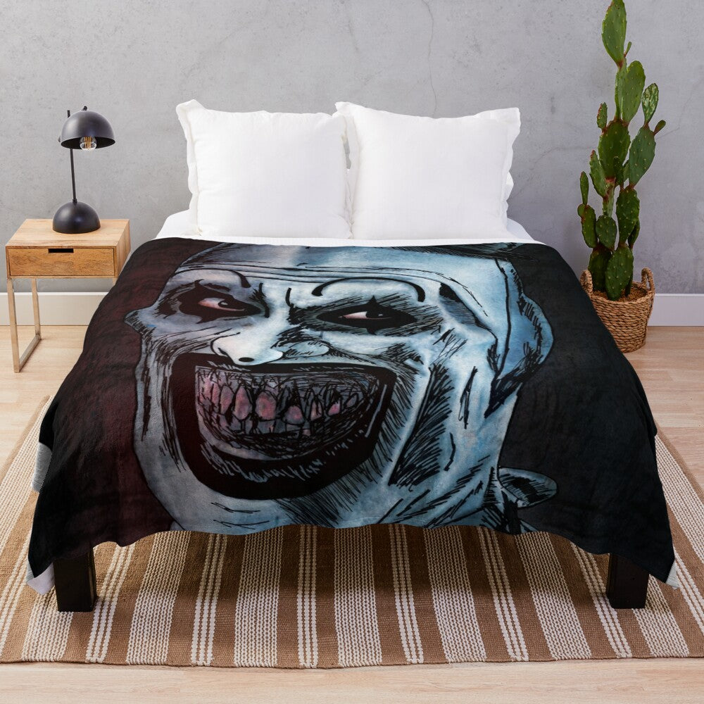 Art the Clown inspired plush blanket featuring a scary, creepy clown design