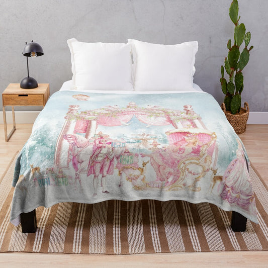 Watercolor inspired plush blanket featuring a winter garden scene with Marie Antoinette elements