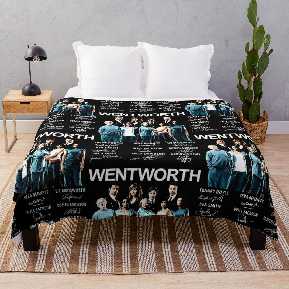 Plush blanket featuring signatures of Wentworth movie characters