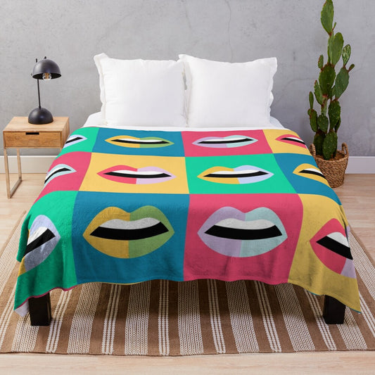 Colorful pop art style plush blanket featuring retro lips and mouth design