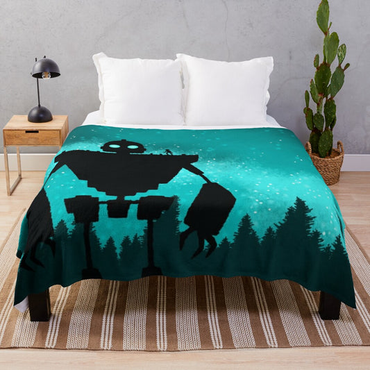 Colorful and cozy plush blanket featuring a graphic design inspired by the movie The Iron Giant