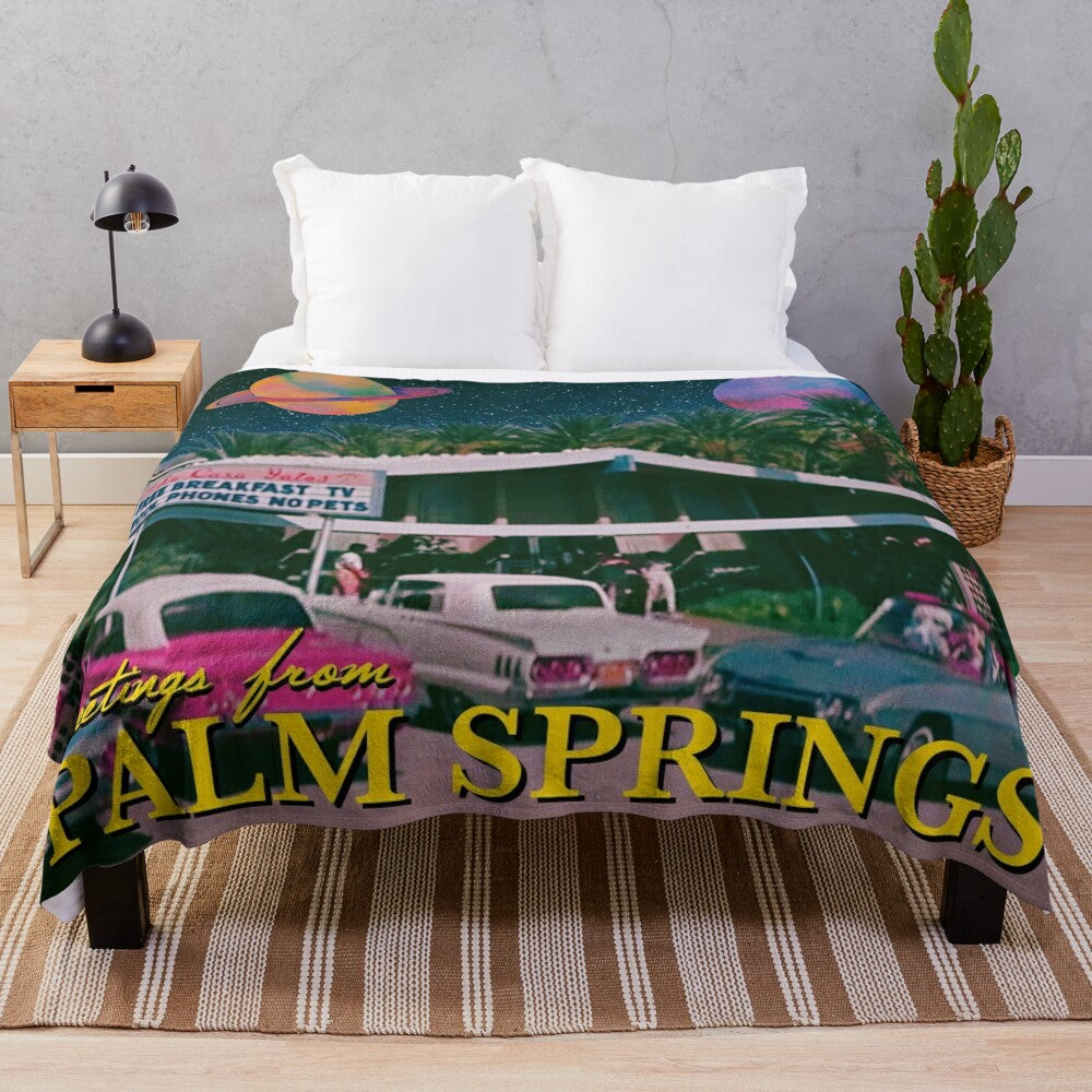 Retro Palm Springs inspired plush blanket with surreal and pop culture elements