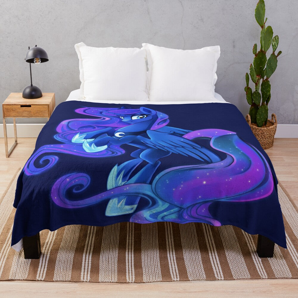 Princess Luna inspired plush blanket with navy blue and moon design