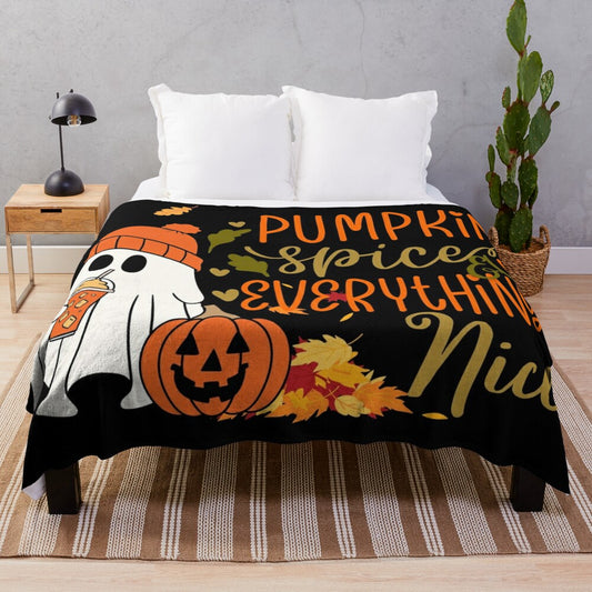 Soft pumpkin spice plush blanket with fall leaf pattern