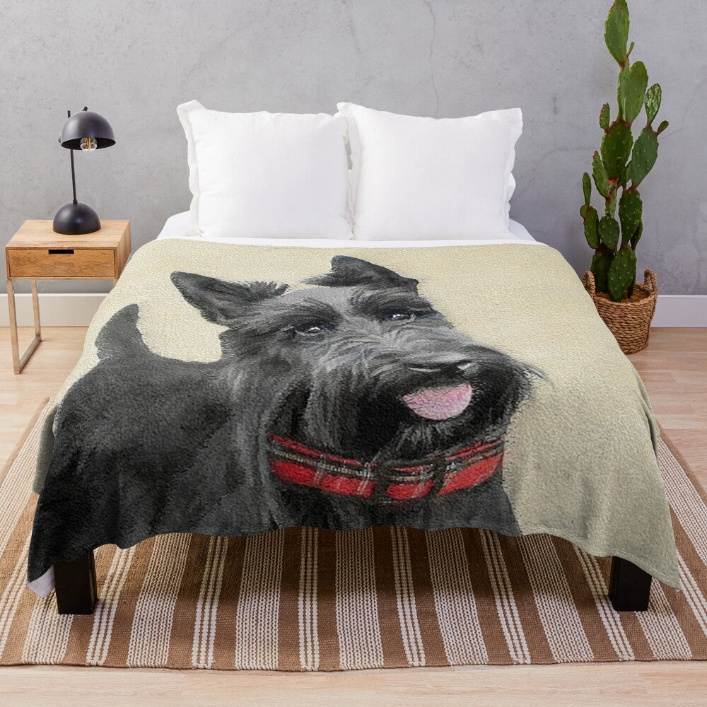 Scottish Terrier dog portrait on a plush blanket