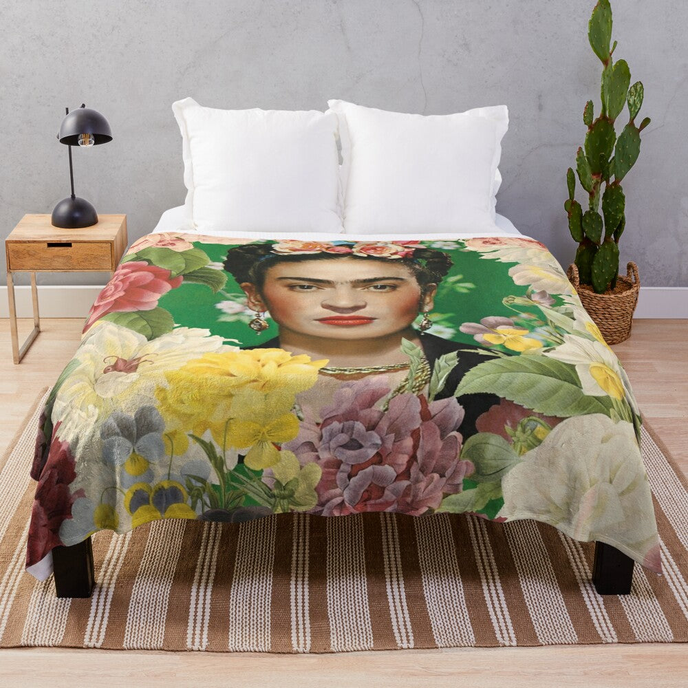 Frida Kahlo inspired plush blanket with colorful floral design