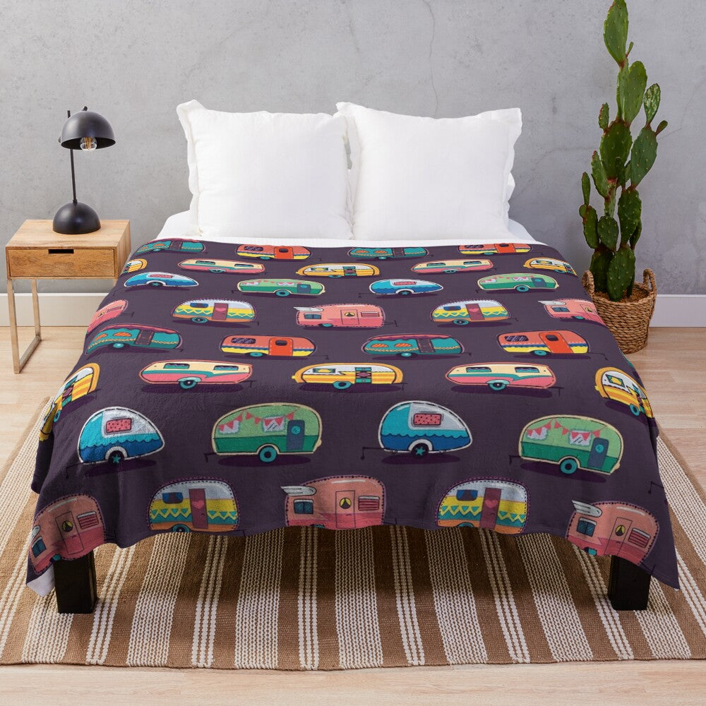 Soft and cozy plush blanket featuring a happy camper design