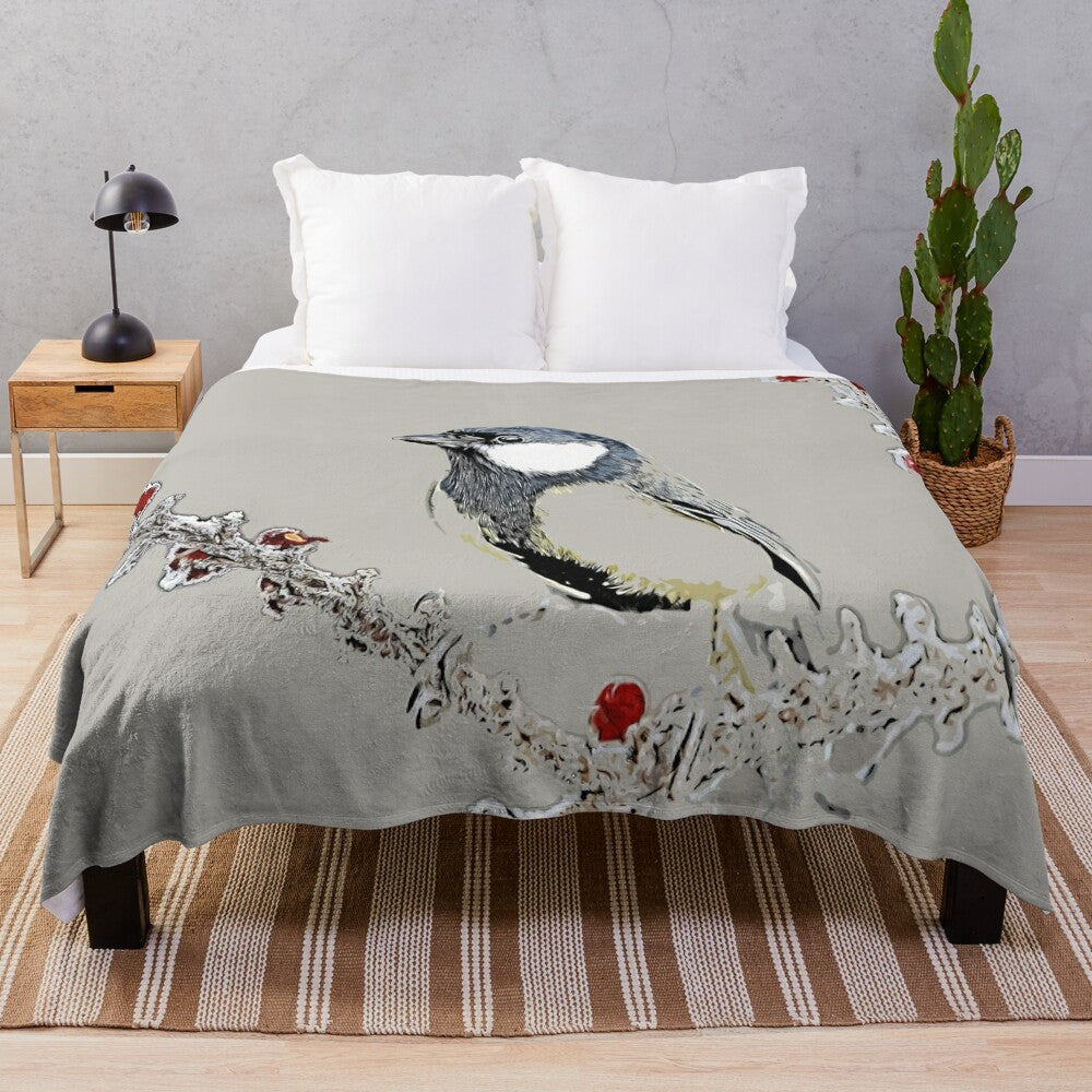 Titmouse bird in a winter landscape printed on a soft, plush blanket