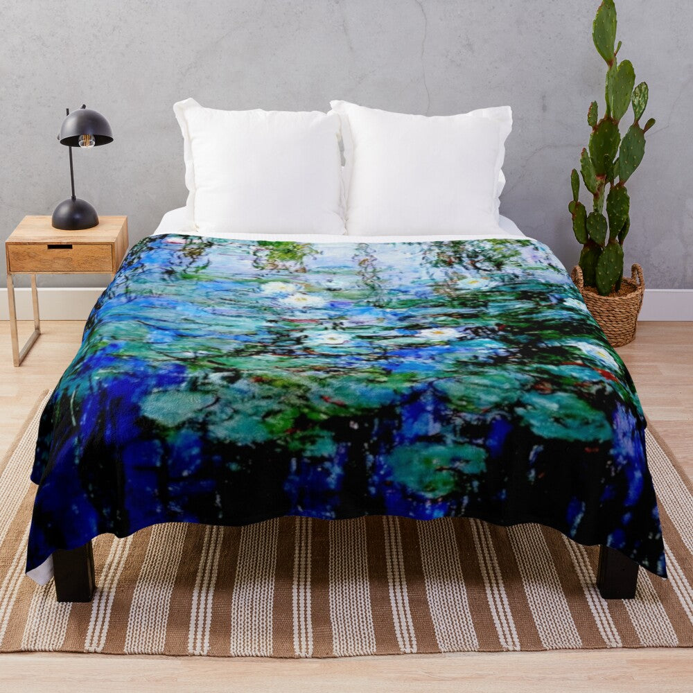 Plush blanket featuring Monet's 'Blue Water Lilies' painting