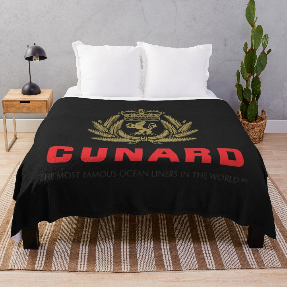 Luxury cruise-inspired plush blanket with Cunard ship and Liverpool skyline imagery