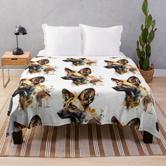 Abstract watercolor painting of an African wild dog on a plush blanket