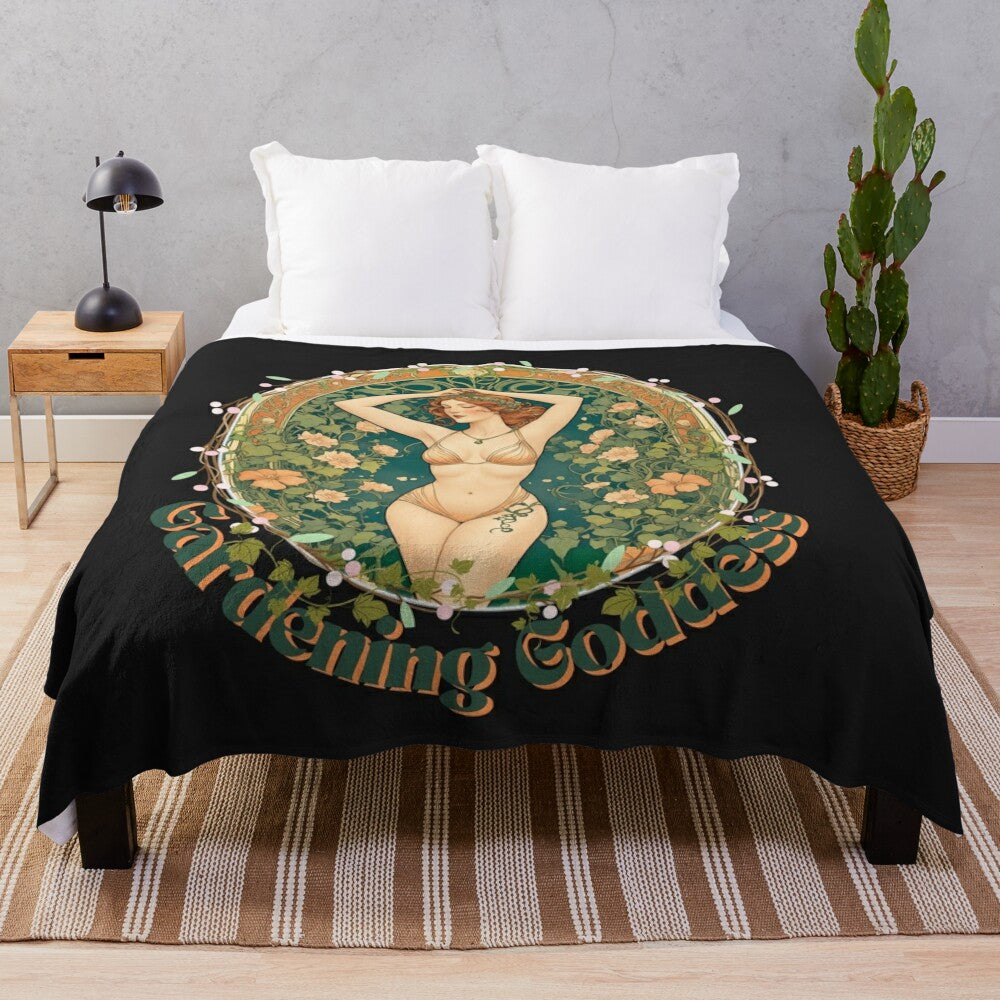 Colorful floral print plush blanket with gardening and nature motifs