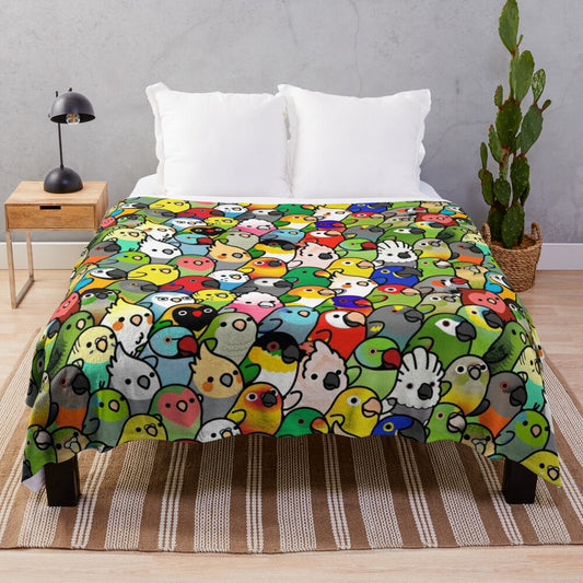 Everybirdy pattern plush blanket with various bird species including cockatiel, parrot, and more