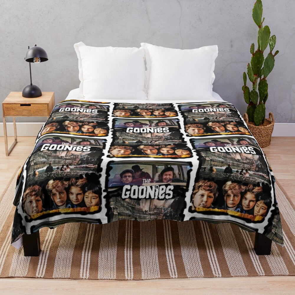 The Goonies inspired plush blanket featuring the iconic movie's imagery