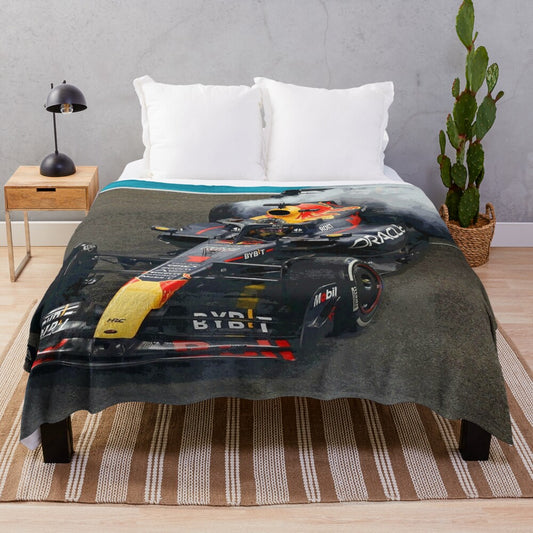 Max Verstappen inspired abstract plush blanket with racing car design