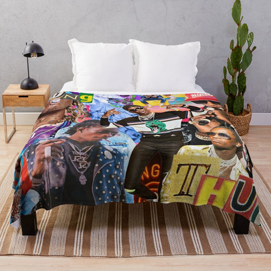 Colorful plush blanket featuring a collage design inspired by the fashion and style of rapper Young Thug