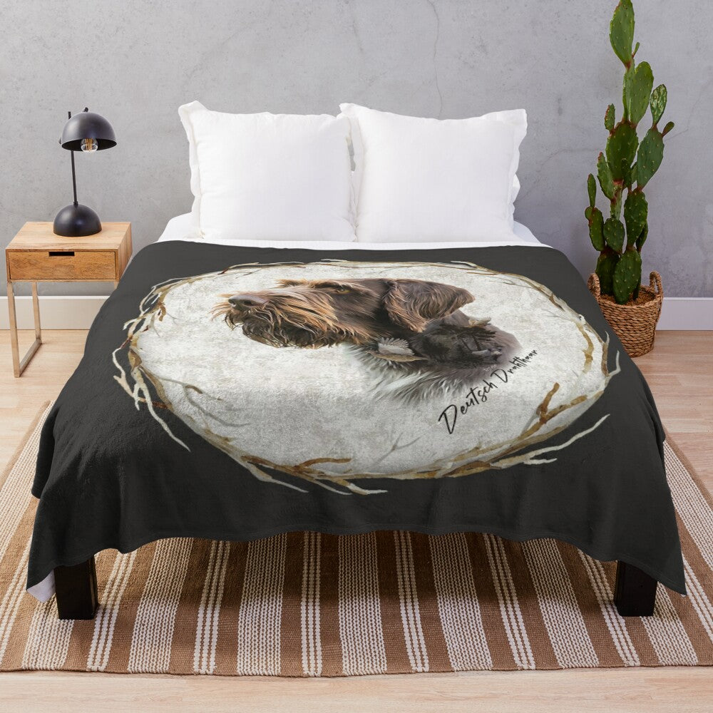 Plush blanket with an illustration of a German Wirehaired Pointer