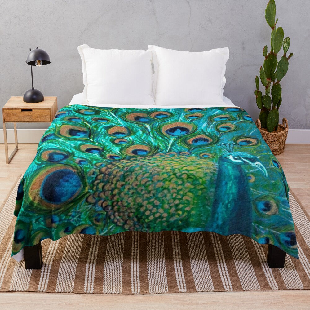 Colorful plush blanket featuring iridescent peafowl feather design